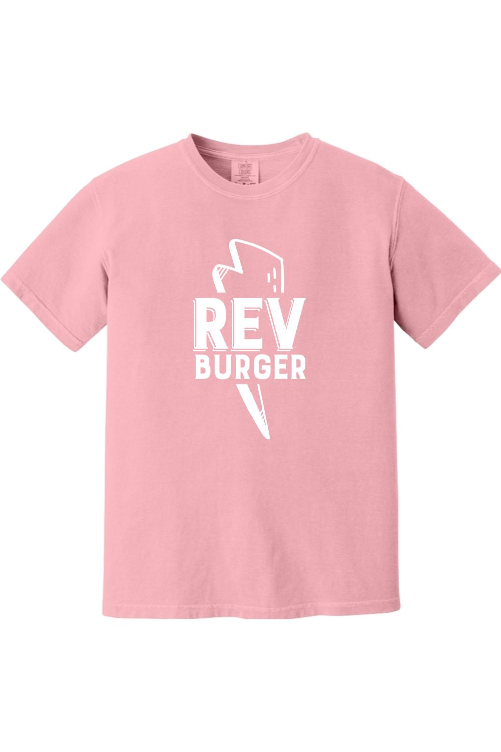 Light pink Comfort Colors ring-spun cotton t-shirt featuring a white Rev Burger graphic logo on the chest.