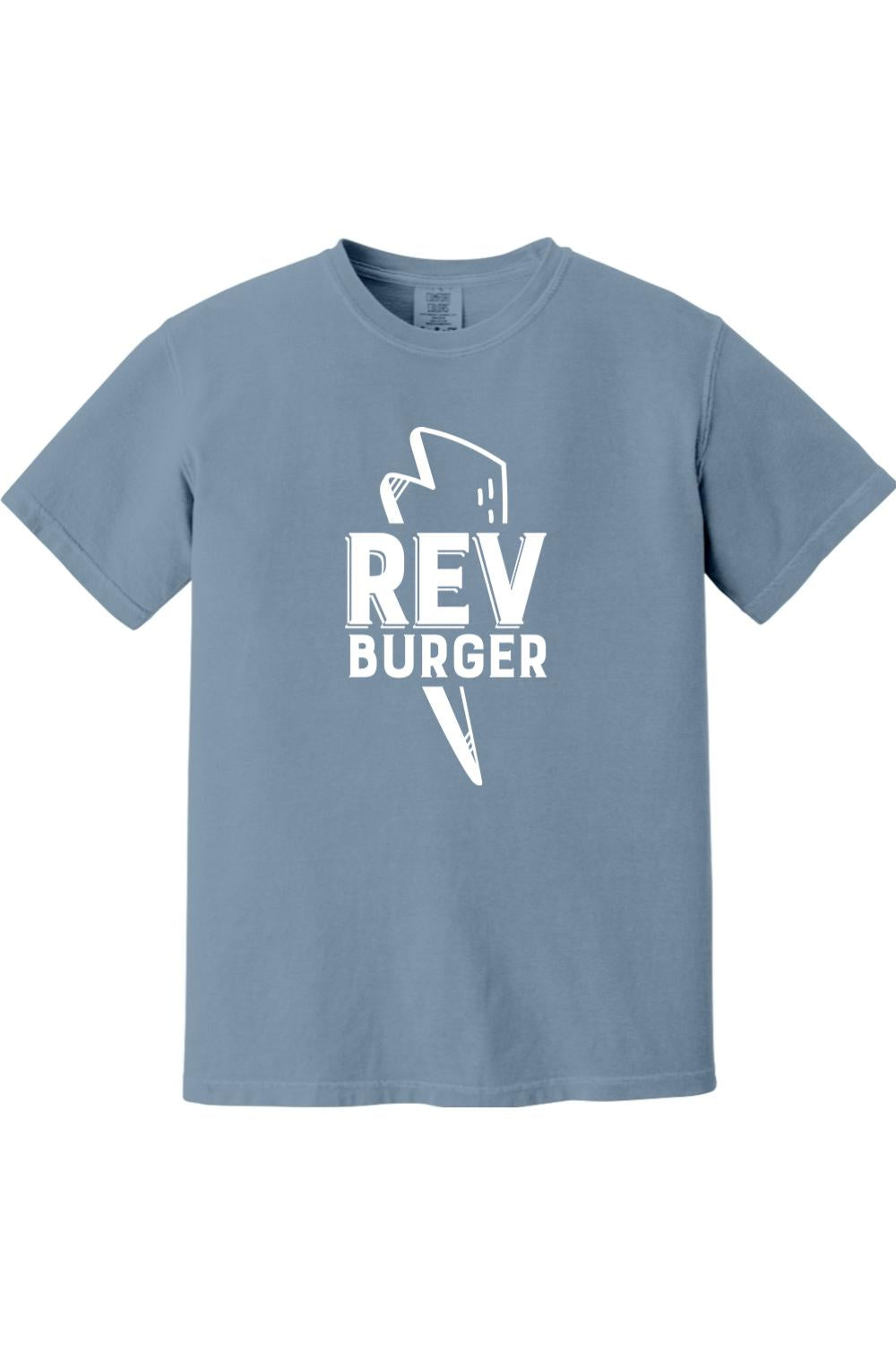 Blue Comfort Colors ring-spun cotton t-shirt featuring a white Rev Burger graphic logo on the chest.