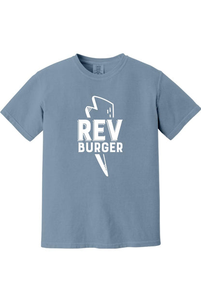 Blue Comfort Colors ring-spun cotton t-shirt featuring a white Rev Burger graphic logo on the chest.