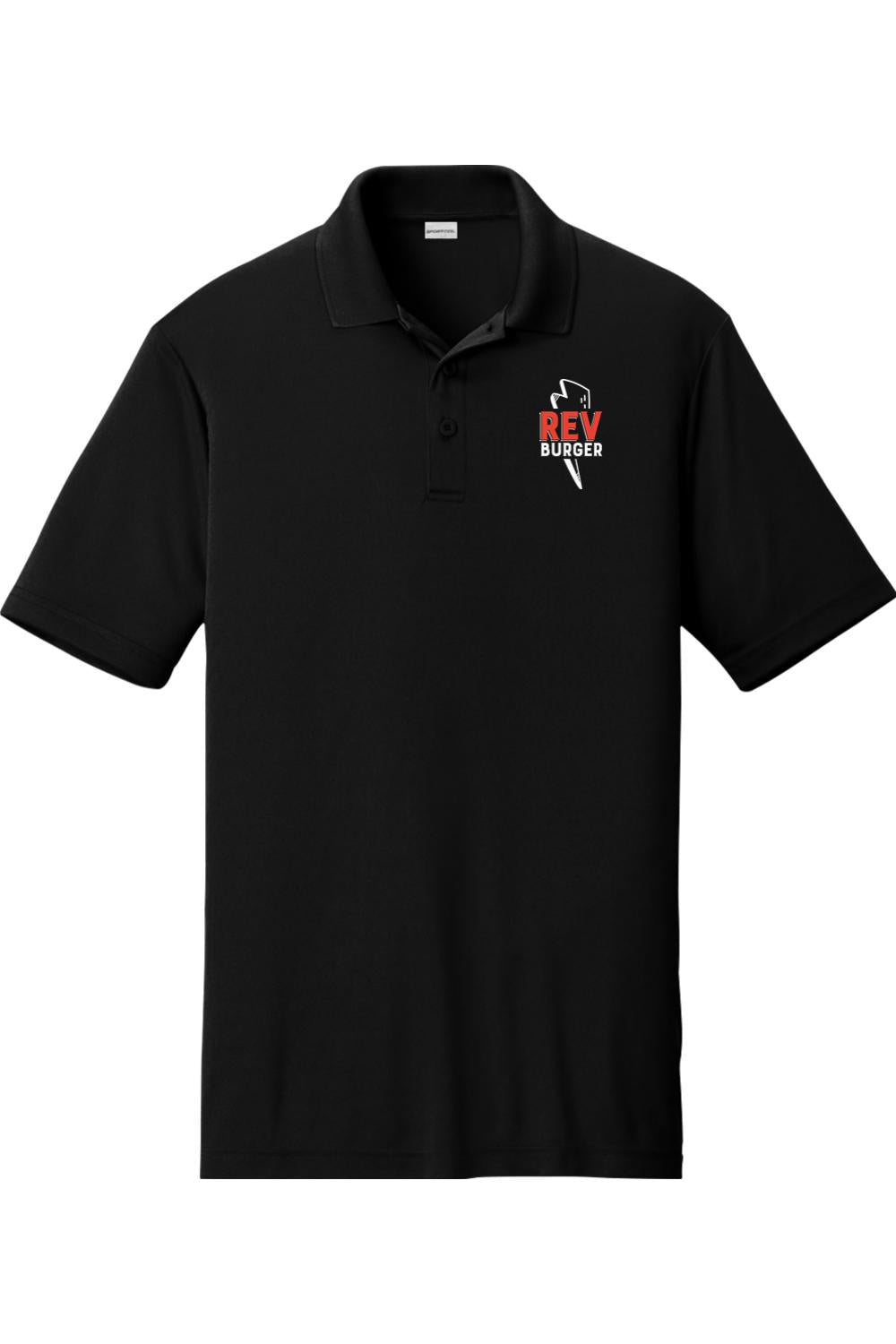 Black moisture-wicking polo shirt with a flat knit collar, open hem sleeves, and a white and red Rev Burger logo.