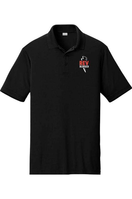 Black moisture-wicking polo shirt with a flat knit collar, open hem sleeves, and a white and red Rev Burger logo.