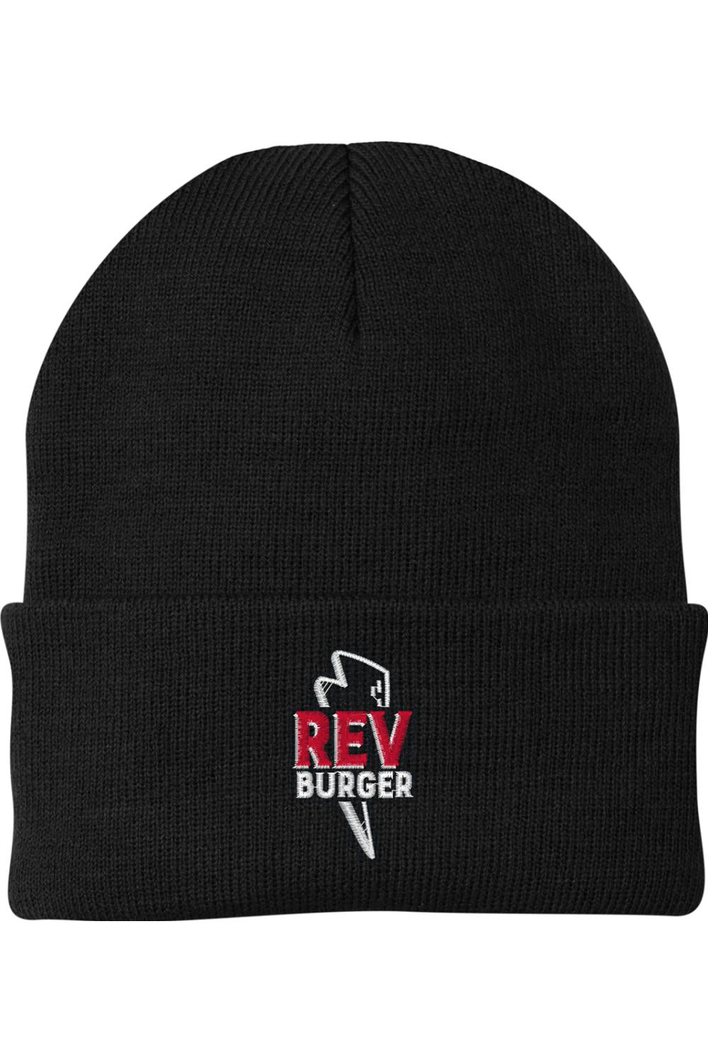 Black knit cuff beanie featuring an embroidered Rev Burger logo with a white lightning bolt and red text.