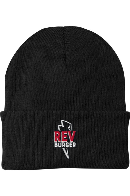 Black knit cuff beanie featuring an embroidered Rev Burger logo with a white lightning bolt and red text.