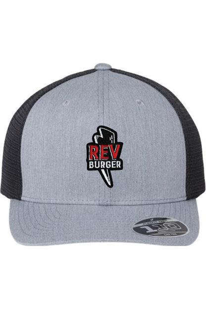 Grey and black Flexfit trucker hat with a black mesh back and an embroidered Rev Burger lightning bolt logo.