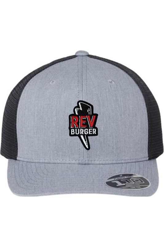 Grey and black Flexfit trucker hat with a black mesh back and an embroidered Rev Burger lightning bolt logo.