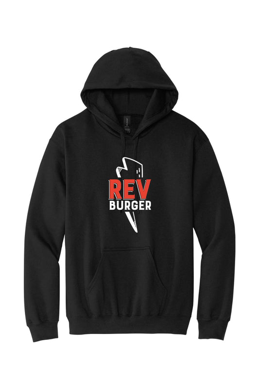Black midweight fleece hoodie with a white and red Rev Burger graphic, featuring a drawstring hood and pouch pocket.