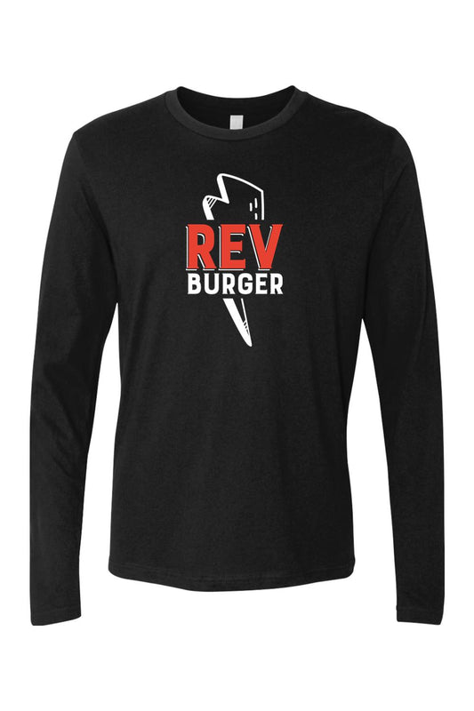 Black long sleeve crew neck t-shirt in 100% cotton featuring a white and red Rev Burger graphic on the chest.