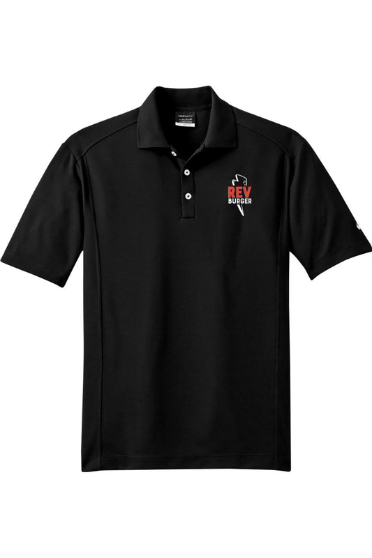 Black Nike Dri-FIT golf polo with a three-button placket and a white and red Rev Burger logo on the chest.