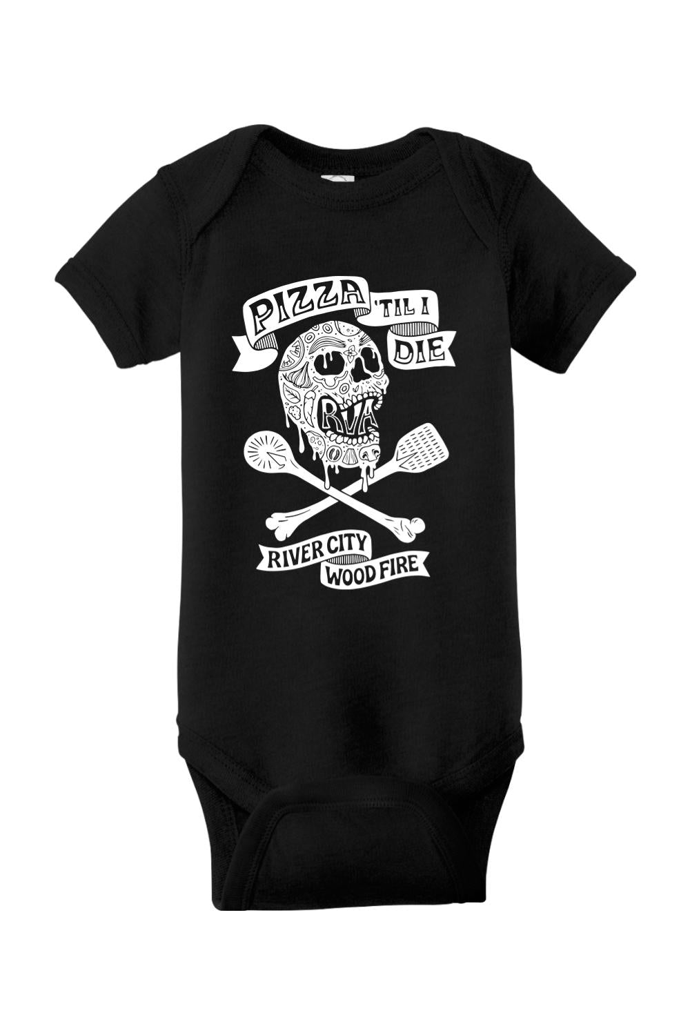 Black cotton baby onesie featuring a white graphic of a melting skull, pizza toppings, and River City Wood Fire text.
