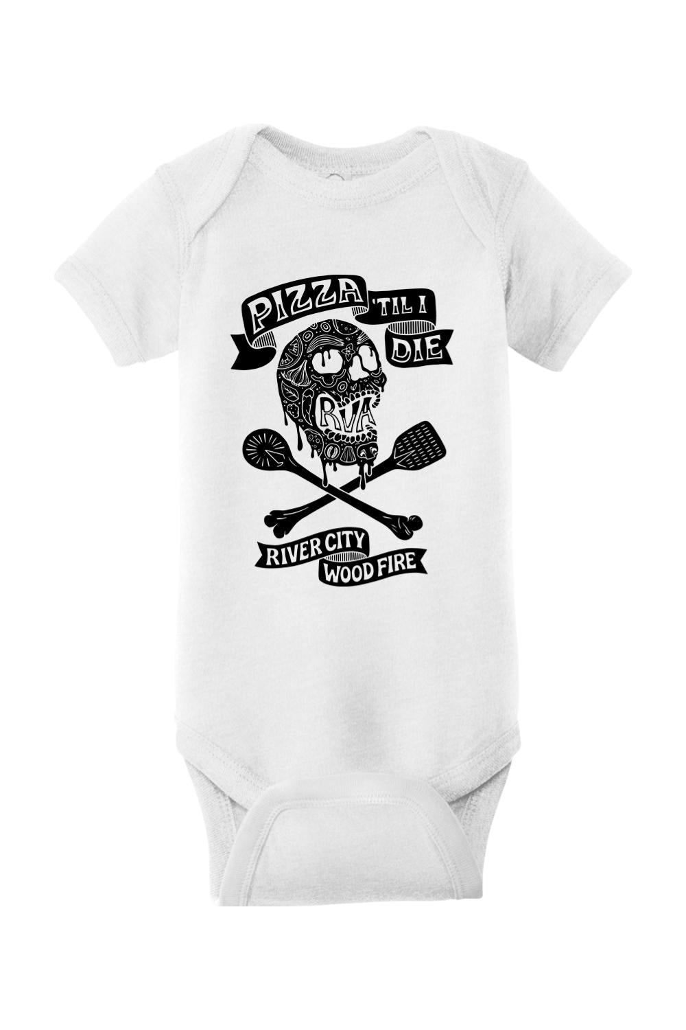 White cotton baby onesie featuring a black Pizza 'Til I Die skull graphic with crossed pizza peels.