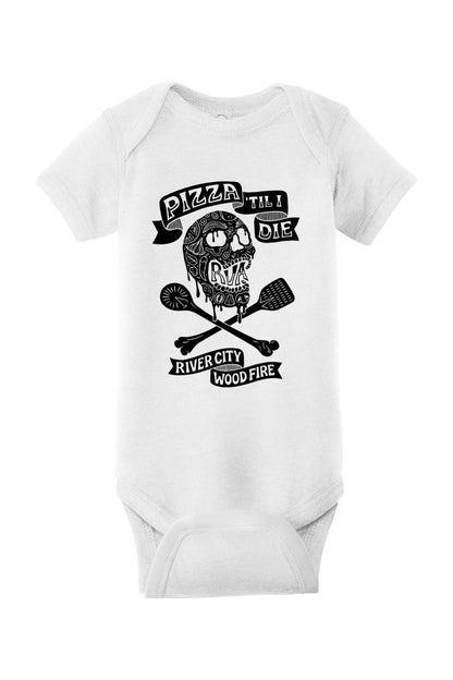 White cotton baby onesie featuring a black Pizza 'Til I Die skull graphic with crossed pizza peels.