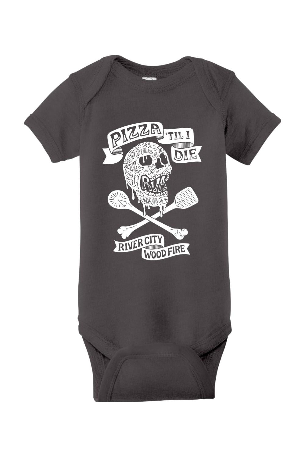 Charcoal grey cotton baby onesie featuring a white skull, pizza slice, and spatula graphic with Pizza 'Til I Die text.