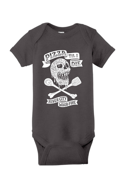Charcoal grey cotton baby onesie featuring a white skull, pizza slice, and spatula graphic with Pizza 'Til I Die text.