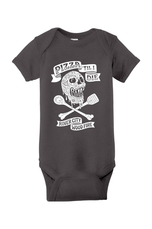 Charcoal grey cotton baby onesie featuring a white skull, pizza slice, and spatula graphic with Pizza 'Til I Die text.