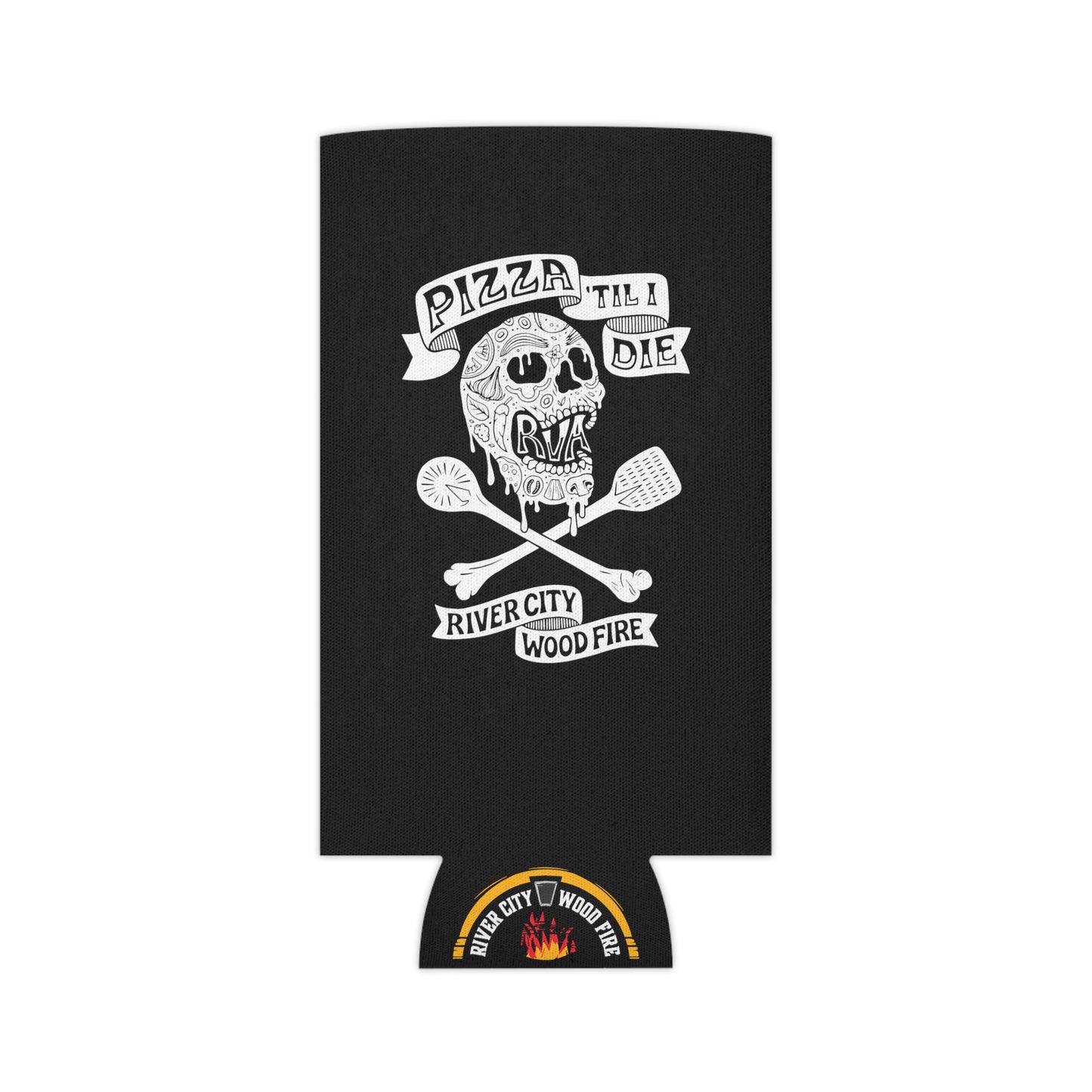 Black foam can cooler featuring a white skull, pizza-themed graphic, and River City Wood Fire logo.