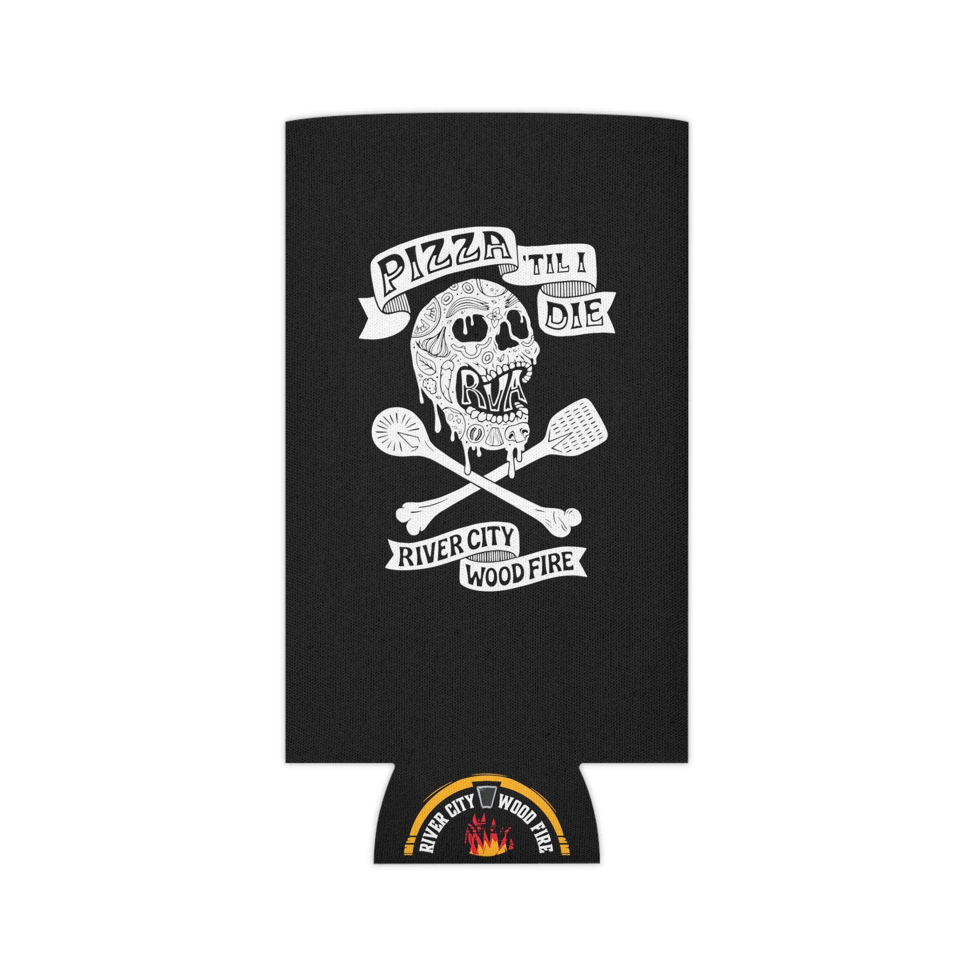 Black foam can cooler featuring a white skull, pizza-themed graphic, and River City Wood Fire logo.