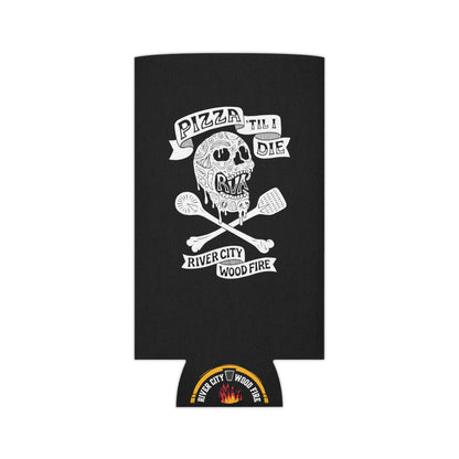 Black foam can cooler featuring a white skull, pizza-themed graphic, and River City Wood Fire logo.