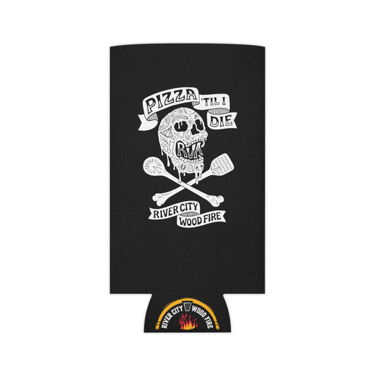 Black foam can cooler featuring a white skull, pizza-themed graphic, and River City Wood Fire logo.