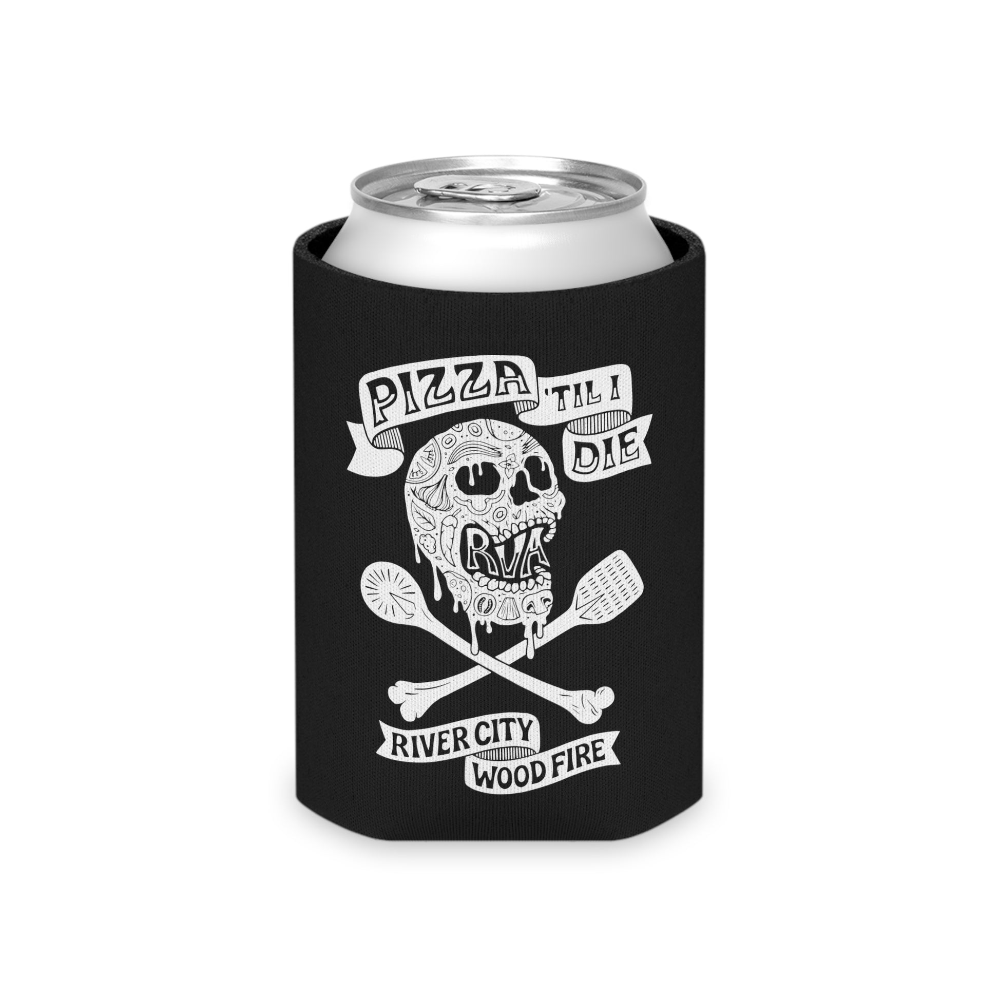 Black polyester can cooler featuring a white Pizza 'Til I Die skull and cross-utensil graphic print.