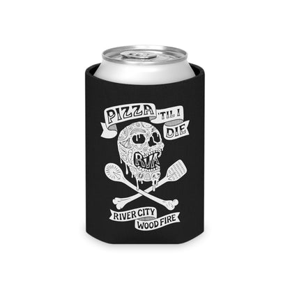 Black polyester can cooler featuring a white Pizza 'Til I Die skull and cross-utensil graphic print.