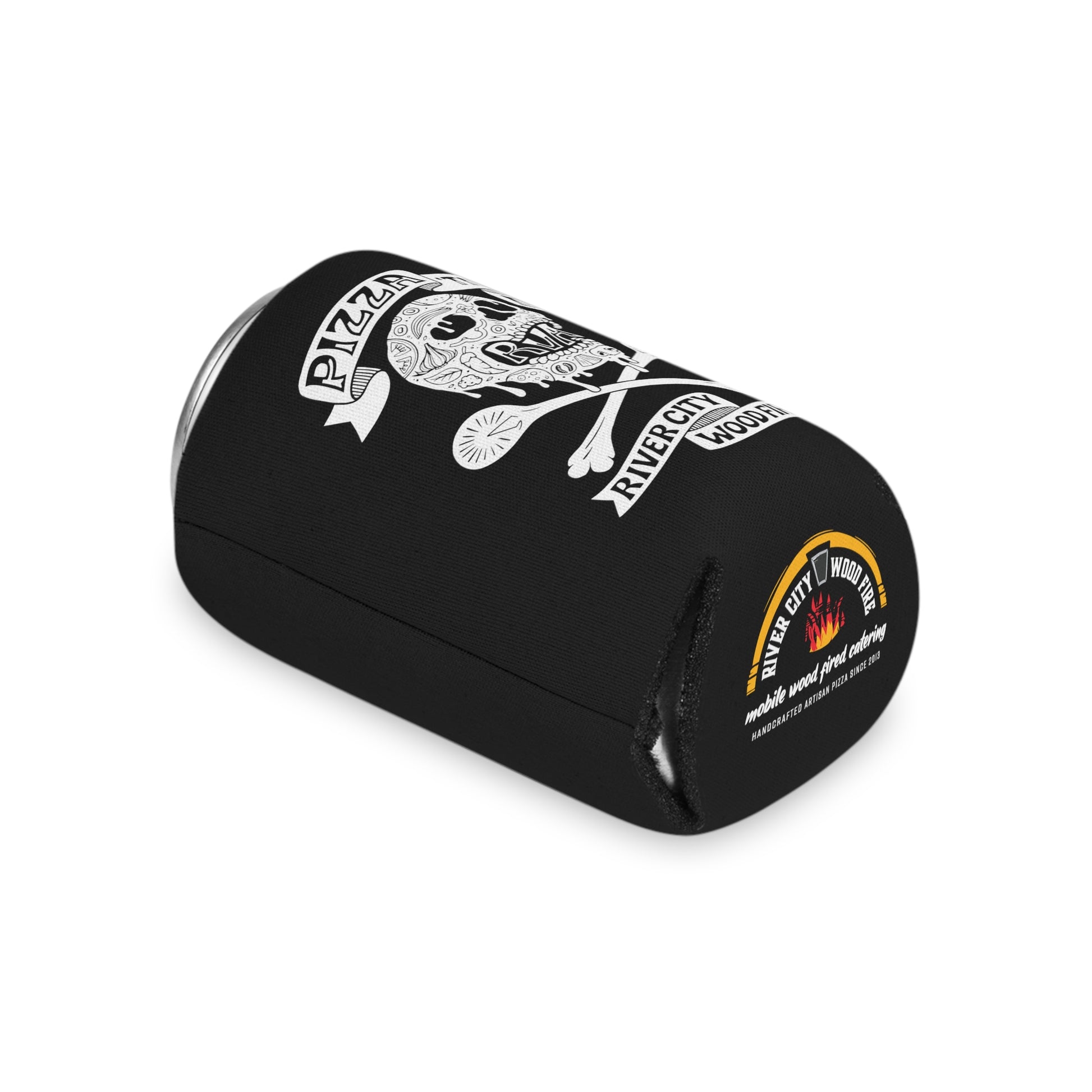Black foam can cooler featuring a white Pizza 'Til I Die skull graphic and River City Wood Fire logo.