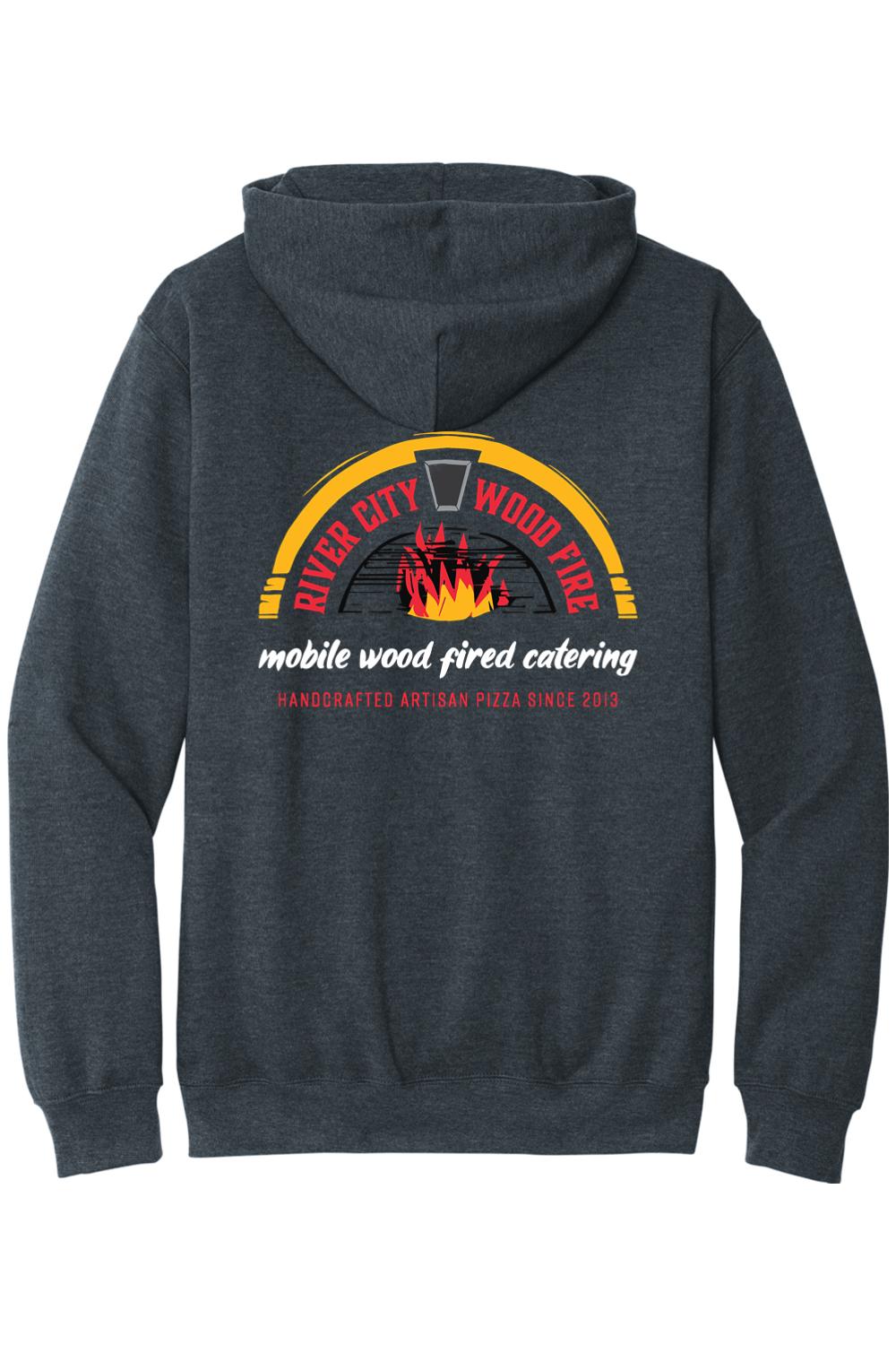 Dark charcoal grey hooded sweatshirt featuring a River City Wood Fire pizza logo graphic on the back.