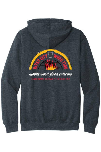 Dark charcoal grey hooded sweatshirt featuring a River City Wood Fire pizza logo graphic on the back.