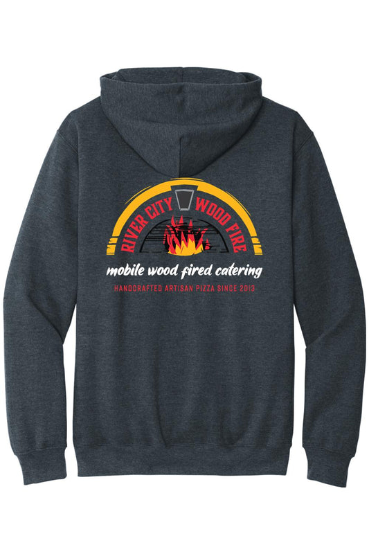 Dark charcoal grey hooded sweatshirt featuring a River City Wood Fire pizza logo graphic on the back.