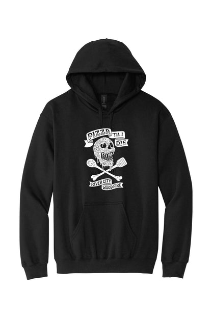 Black cotton hooded sweatshirt with a white Pizza 'Til I Die skull and cross-spatula graphic print.