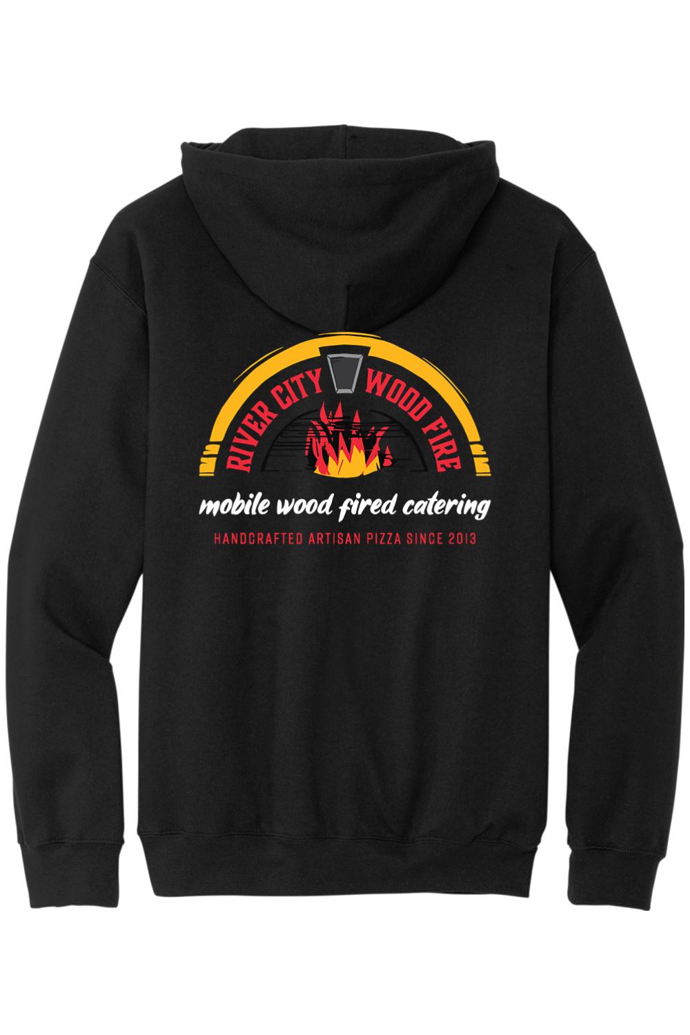 Black hooded sweatshirt featuring a River City Wood Fire logo with a pizza oven and flame graphic on the back.
