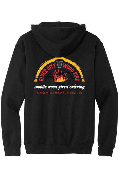 Black hooded sweatshirt featuring a River City Wood Fire logo with a pizza oven and flame graphic on the back.