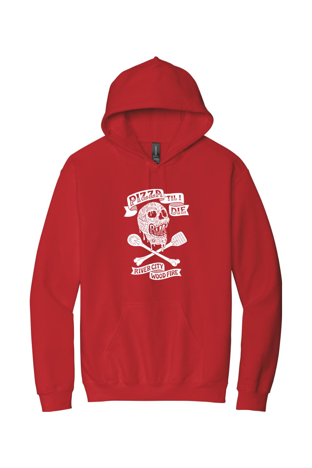 Red cotton hooded sweatshirt featuring a white Pizza 'Til I Die skull and pizza peel graphic on the front.