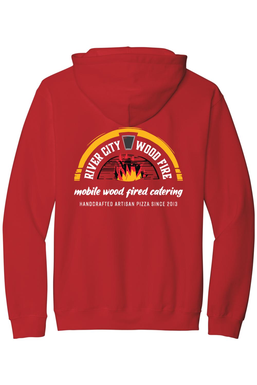 Red cotton hooded sweatshirt featuring a River City Wood Fire logo on the back with pizza oven graphics.
