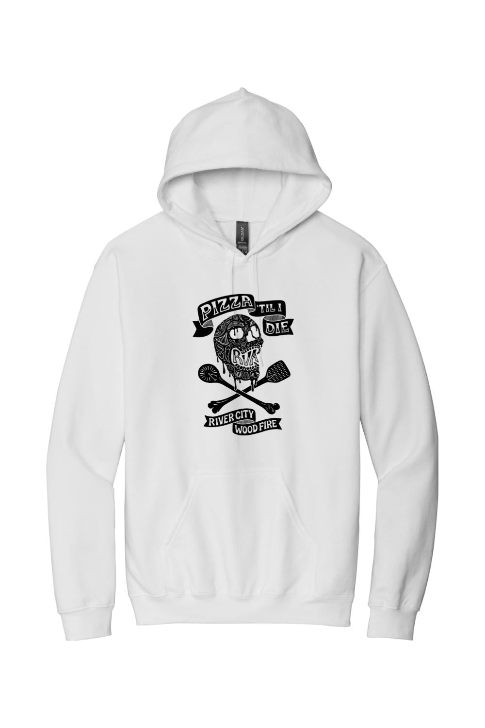 White cotton hooded sweatshirt featuring a black Pizza 'Til I Die skull and crossbones graphic on the chest.