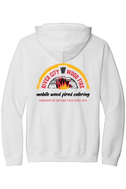 White cotton zip-up hoodie featuring a colorful River City Wood Fire pizza catering logo on the back.
