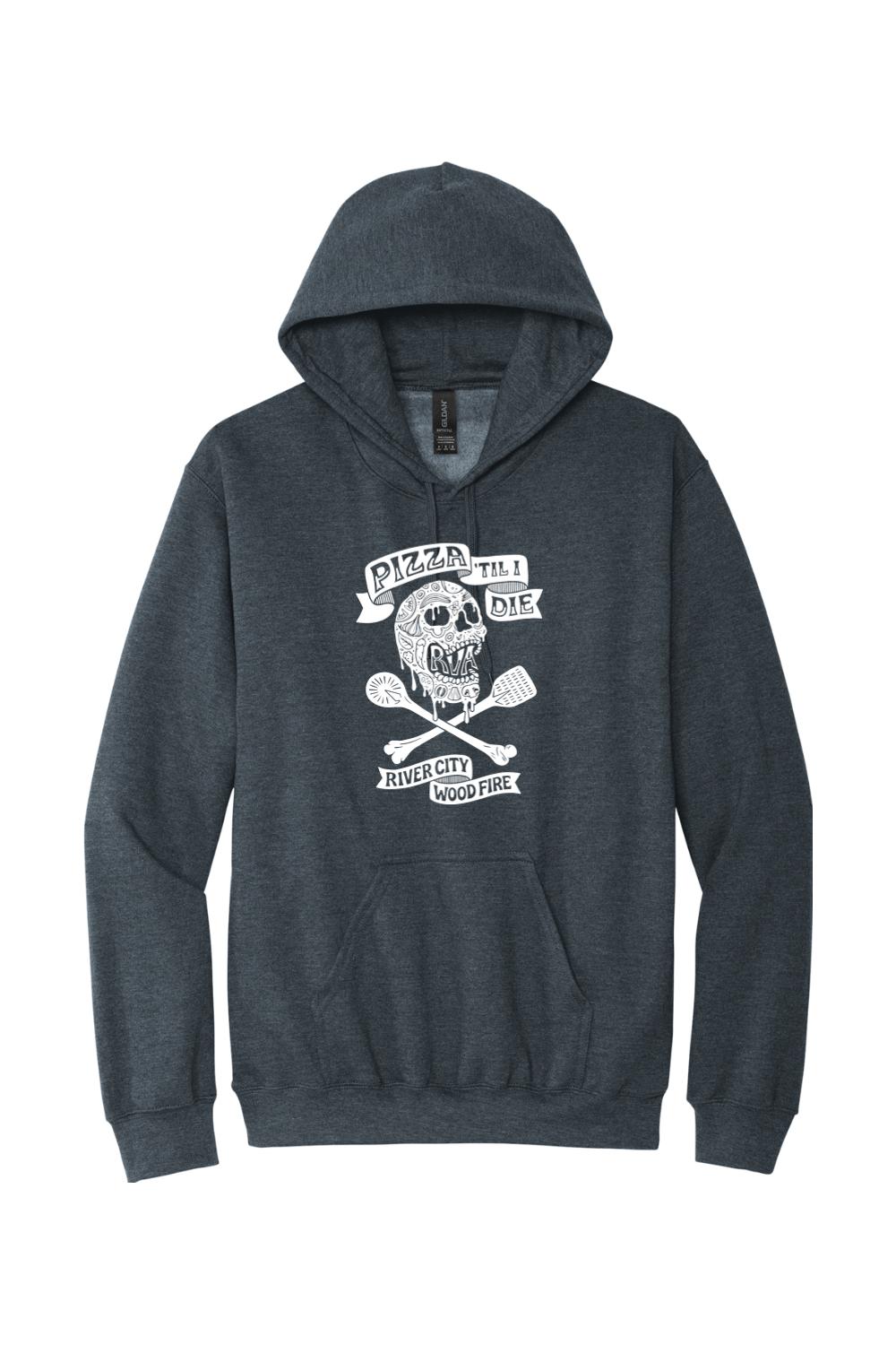 Dark heather grey hooded sweatshirt featuring a white Pizza 'Til I Die skull and cross-utensil graphic.