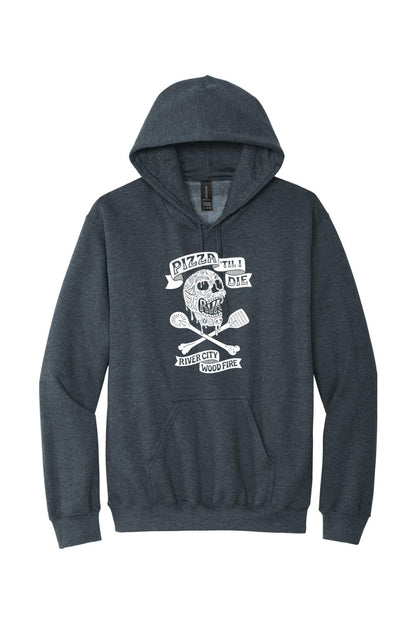 Dark heather grey hooded sweatshirt featuring a white Pizza 'Til I Die skull and cross-utensil graphic.