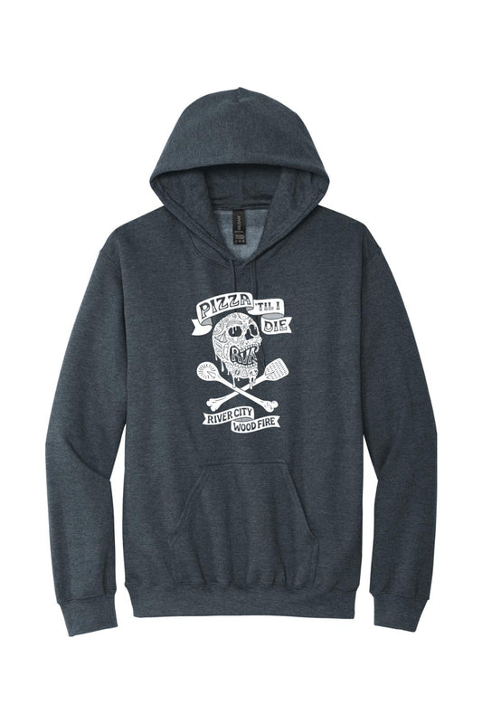 Dark heather grey hooded sweatshirt featuring a white Pizza 'Til I Die skull and cross-utensil graphic.