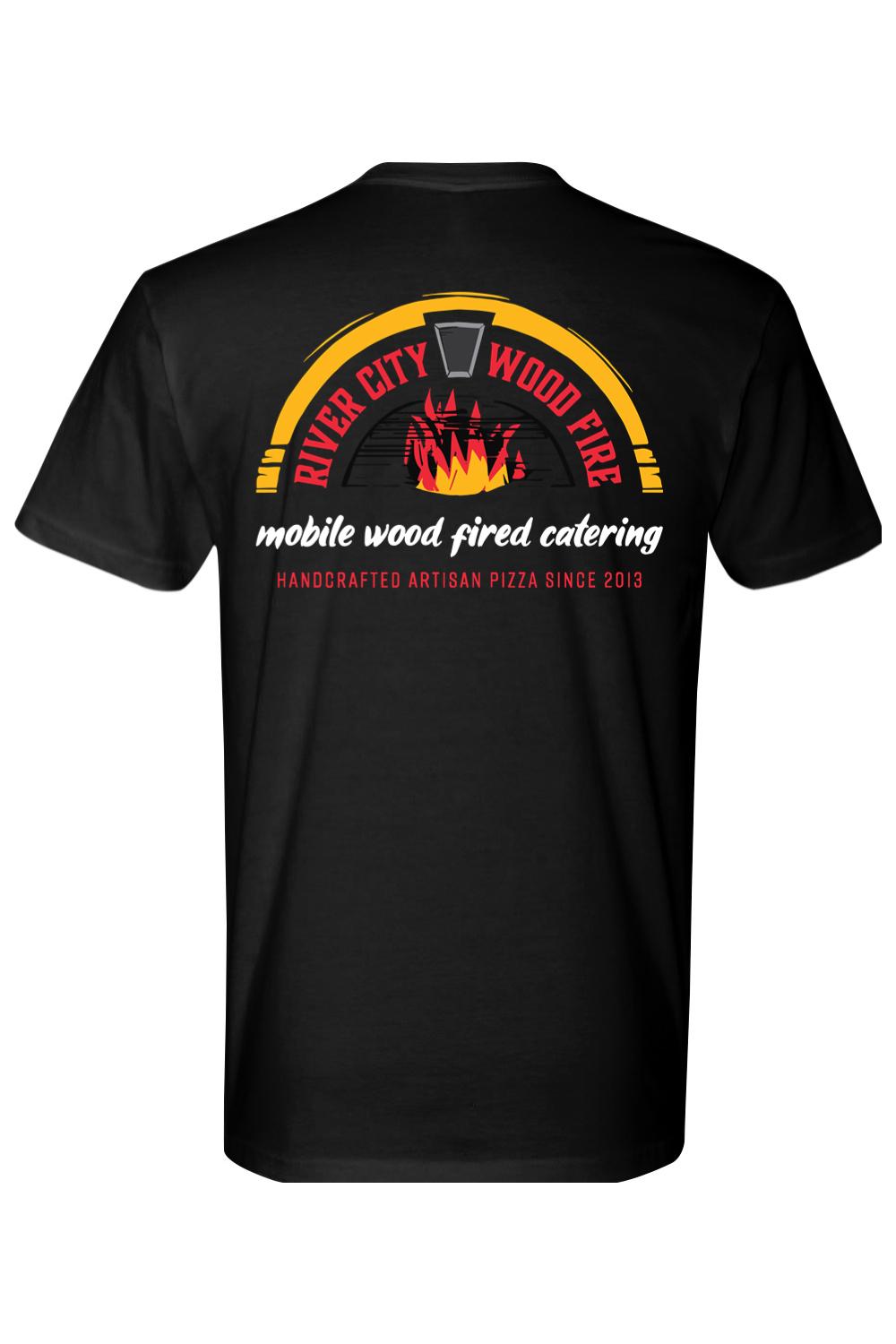 Black cotton t-shirt featuring a River City Wood Fire logo with a flame graphic and pizza catering text on the back.