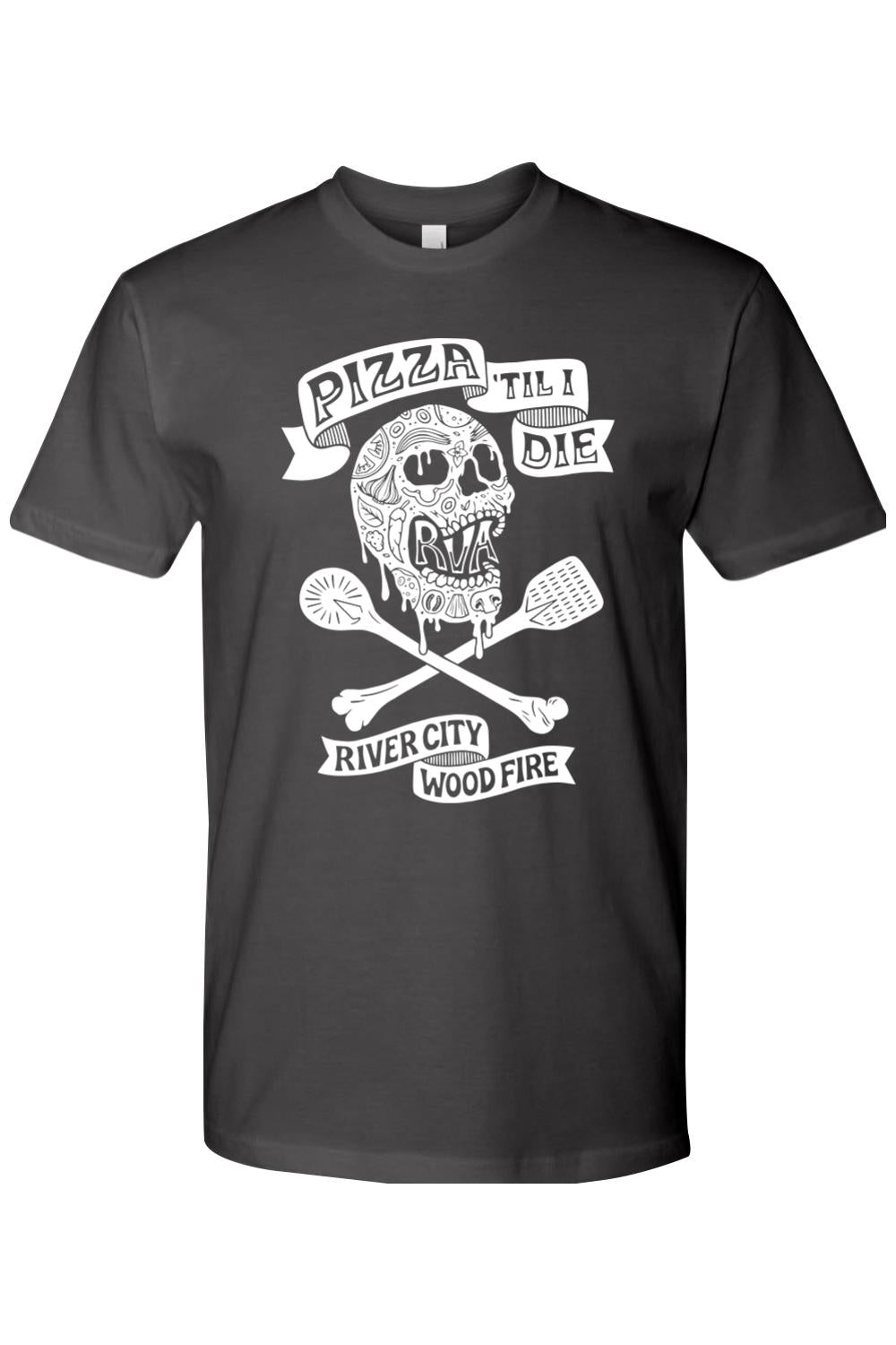 Black cotton crew neck t-shirt featuring a white graphic of a sugar skull, pizza tools, and Pizza 'Til I Die text.