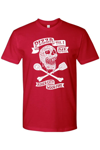 Red cotton crewneck tee featuring a white graphic of a pizza-themed skull, crossed spatulas, and Pizza 'Til I Die text.