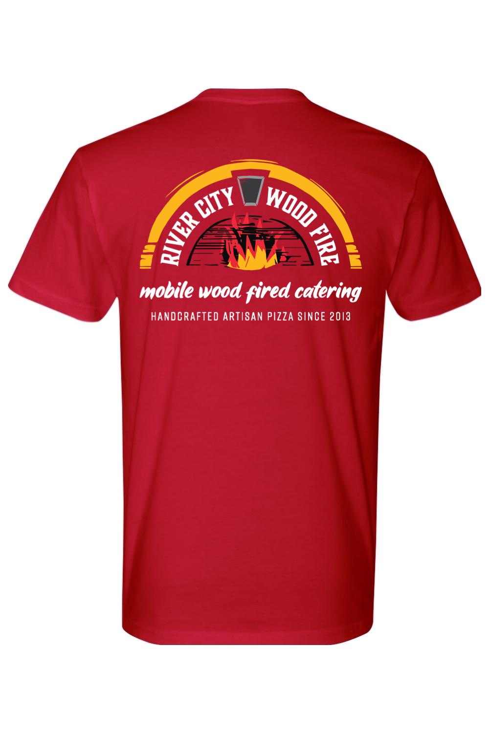 Red cotton t-shirt featuring a River City Wood Fire logo with a pizza oven graphic on the back.