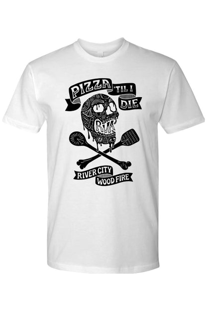 White cotton crew neck t-shirt featuring a black graphic of a skull, pizza toppings, and crossed pizza peels.