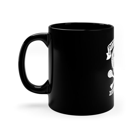11oz black ceramic mug with a glossy finish and white Pizza 'Til I Die graphic featuring a skull and pizza slice.