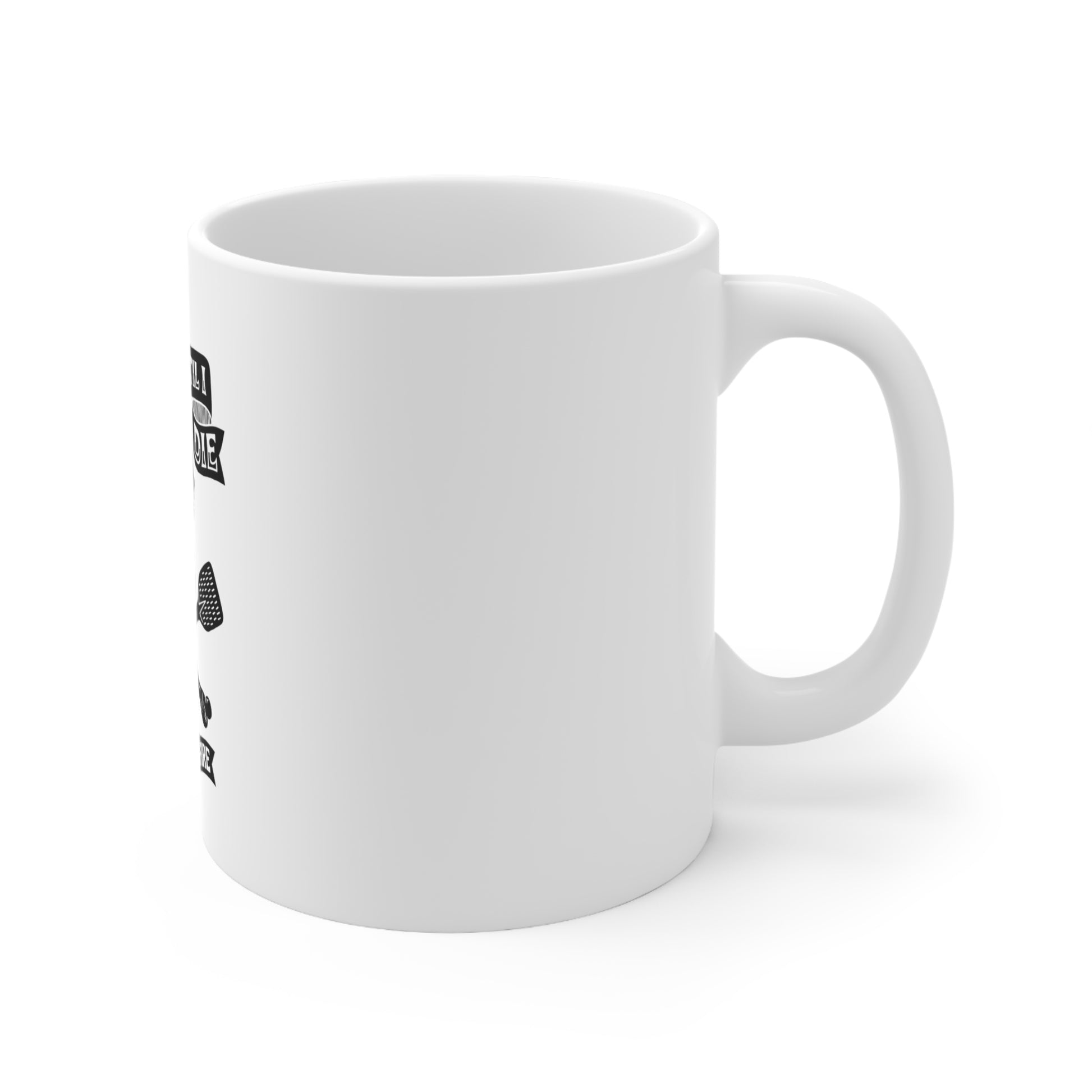 11-ounce white ceramic coffee mug with a C-handle and black Pizza 'Til I Die graphic design.