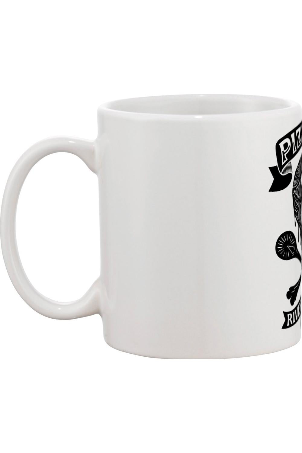 White 11oz ceramic mug featuring a black Pizza 'Til I Die graphic with a skull and pizza slice design.