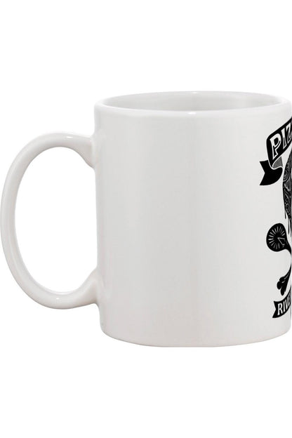 White 11oz ceramic mug featuring a black Pizza 'Til I Die graphic with a skull and pizza slice design.
