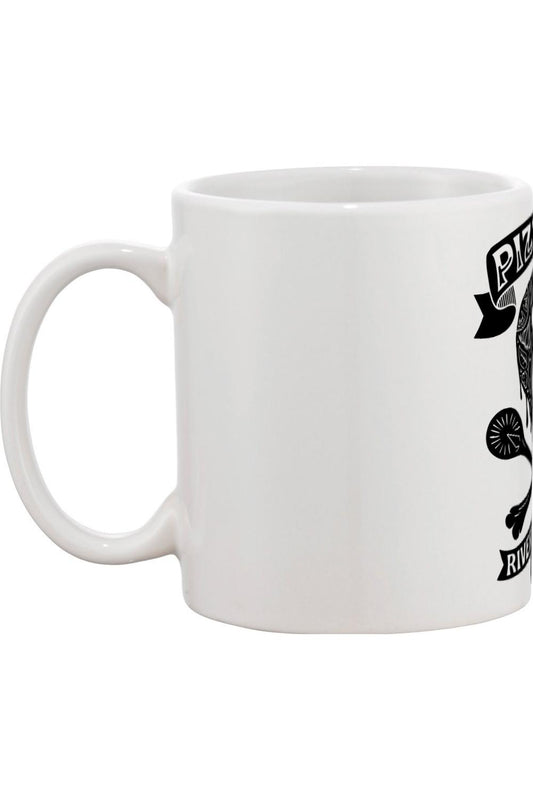 White 11oz ceramic mug featuring a black Pizza 'Til I Die graphic with a skull and pizza slice design.
