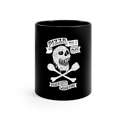 11oz black ceramic mug featuring a white skull design with Pizza 'Til I Die text and crossed pizza peels.