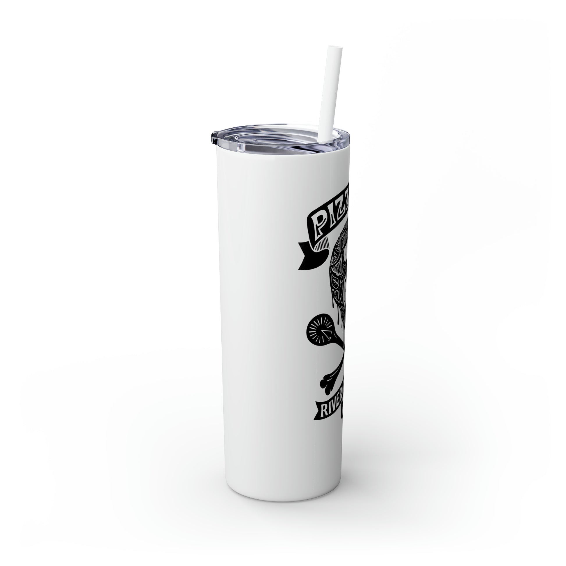 White 20oz stainless steel skinny tumbler with a Pizza 'Til I Die skull graphic, clear lid, and matching straw.